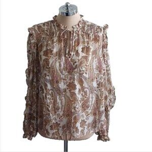 Inc Iternat Concepts Floral Sheer Blouse Ruched Pouf Neck Tie Top Tan Gold Sz. M